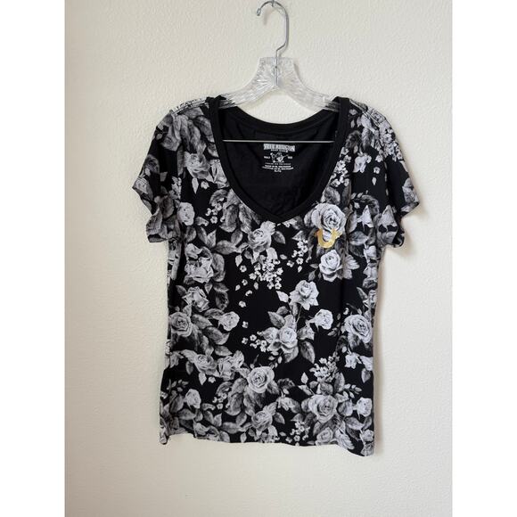 True Religion Dark Floral Foil Classic Rounded V-Neck Tee Size XL - Picture 3 of 6